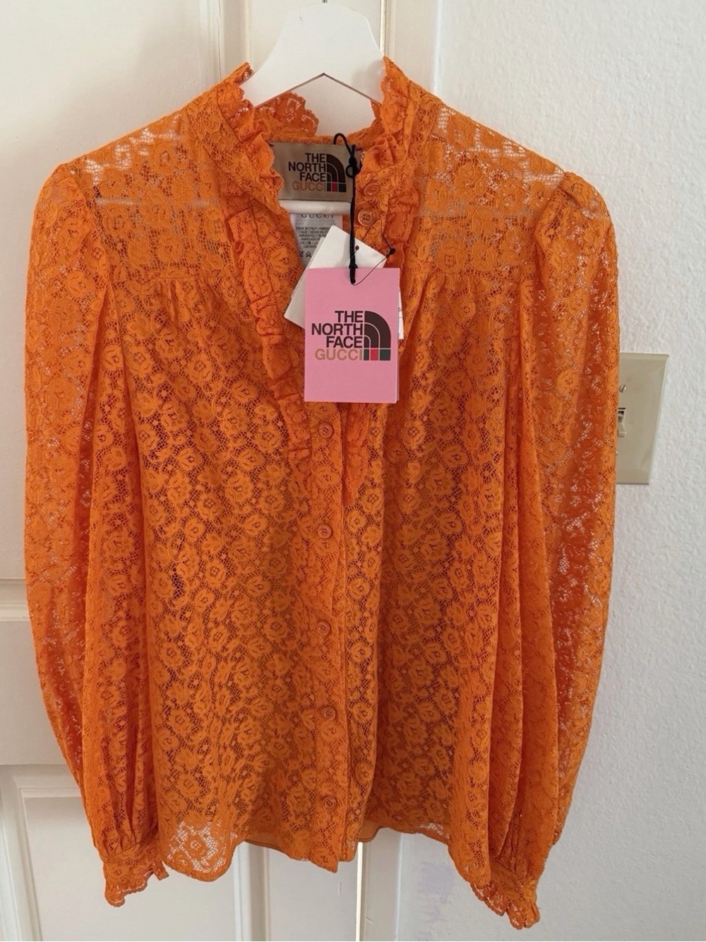 The North Face Gucci Women's Bright Orange Lace Button-Up Shirt